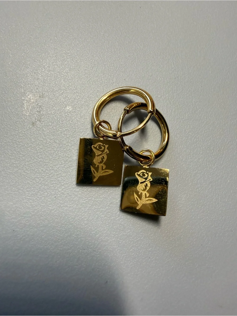 NWT Gold Square Engraved Rose Charm Stainless Steel Hoop Earrings